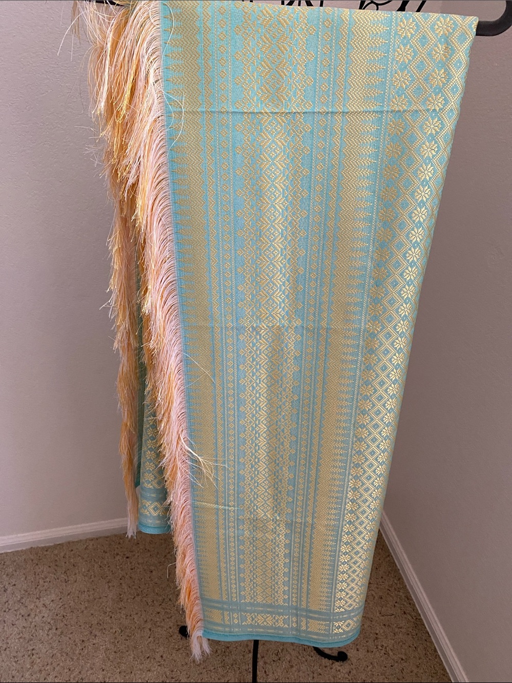 Ornate Aqua and Gold Woven Tablecloth with Fringe Trim